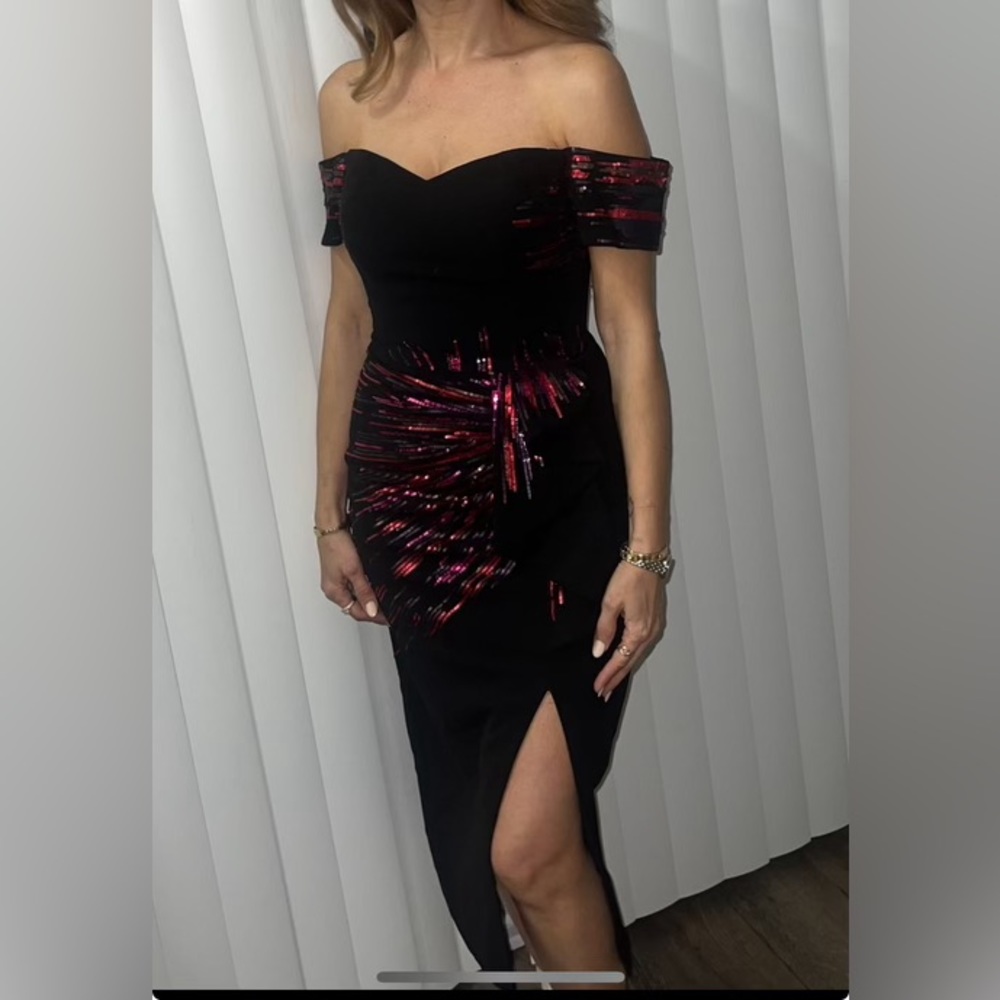Dress the population off shoulder black dress with sequin
